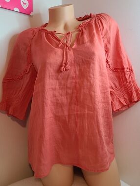 Daniel Rainn Coral Lightweight Tie-Neck Peasant Blouse Size Sm
